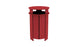 The Ledge Lounger Mainstay Trash Bin is a UV stable red cylindrical outdoor trash can with vertical slats and a round top cover, ideal for public spaces or patios. Its base is slightly elevated on small legs for added stability and style.