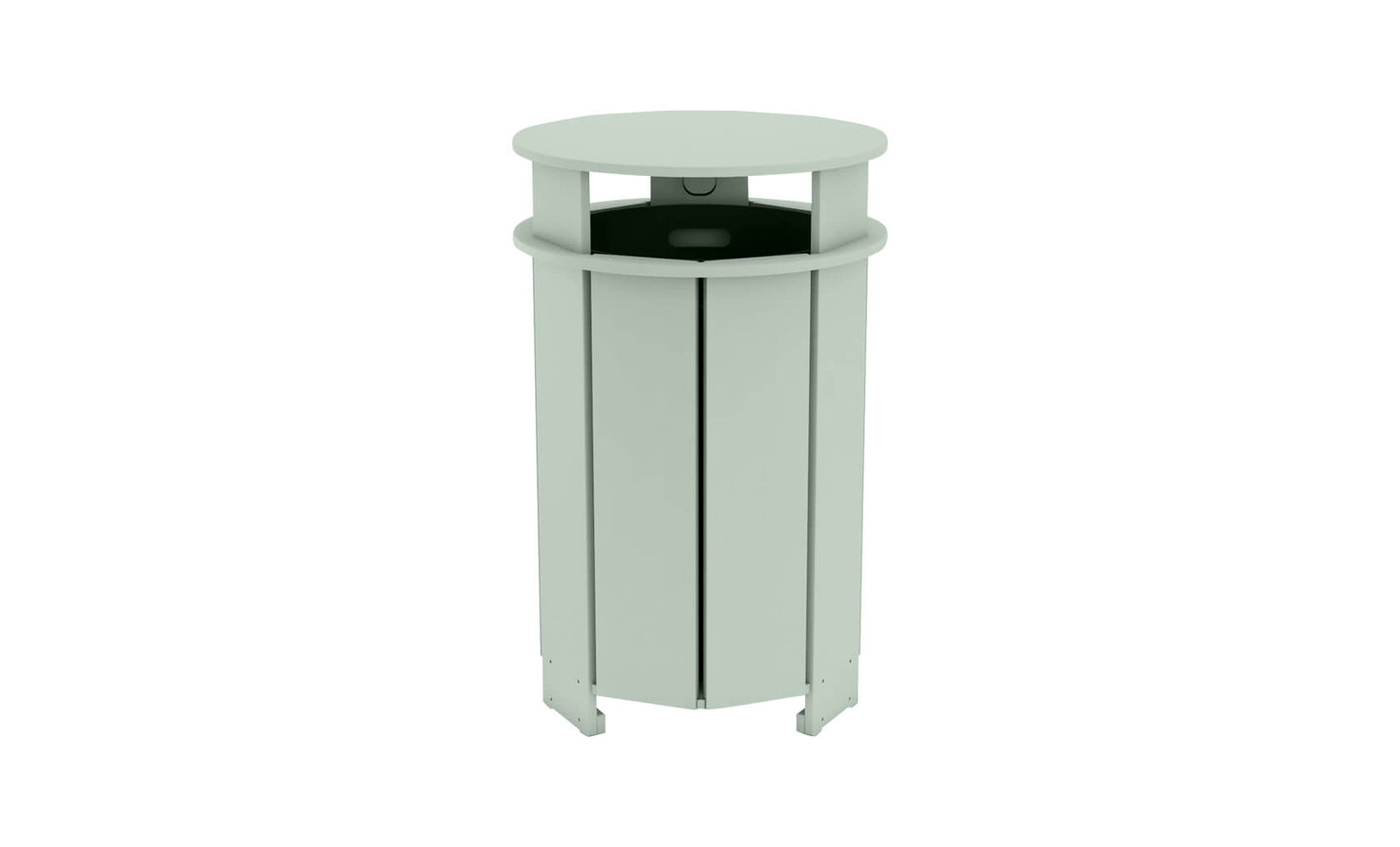 The Mainstay Trash Bin by Ledge Lounger is a light green, cylindrical outdoor trash can with vertical paneling, an open-top lid, circular top, and narrow waste disposal opening. Final Sale.
