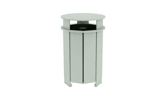 The Mainstay Trash Bin by Ledge Lounger is a light green, cylindrical outdoor trash can with vertical paneling, an open-top lid, circular top, and narrow waste disposal opening. Final Sale.
