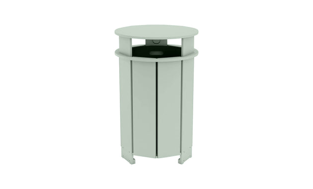 The Mainstay Trash Bin by Ledge Lounger is a light green, cylindrical outdoor trash can with vertical paneling, an open-top lid, circular top, and narrow waste disposal opening. Final Sale.