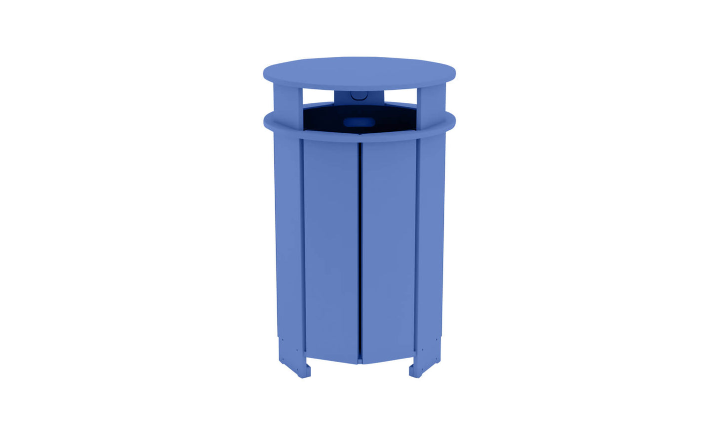 The Mainstay Trash Bin by Ledge Lounger is a blue, cylindrical patio can with vertical slats and a round covered top, made from UV stable materials for lasting outdoor use.