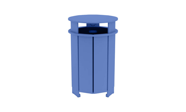 The Mainstay Trash Bin by Ledge Lounger is a blue, cylindrical patio can with vertical slats and a round covered top, made from UV stable materials for lasting outdoor use.