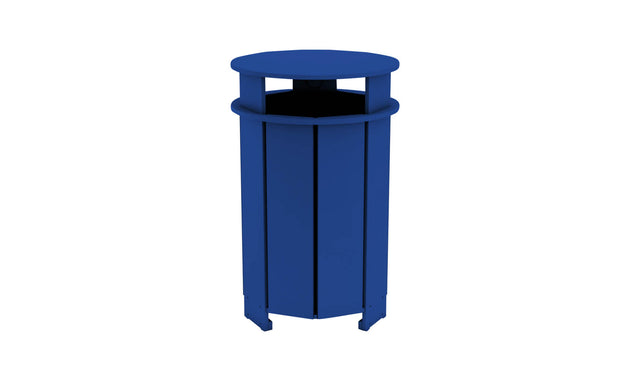 The Mainstay Trash Bin by Ledge Lounger is a durable blue cylindrical trash can with vertical slats and an open top, ideal for outdoor use. Final Sale.