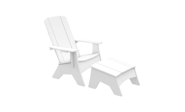 A Ledge Lounger showcases the Mainstay Adirondack Ottoman alongside a white Adirondack chair on a plain white background. Made of high-quality materials, its sleek, minimalist design with simple slats offers an elegant look ideal for any outdoor patio setting.