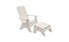 The Mainstay Adirondack Chair and matching Ottoman by Ledge Lounger, both in white, showcase a slatted design made from high-quality materials. Perfect for outdoor patios, the chair features wide armrests and a slight recline, while the rectangular ottoman complements its modern style.