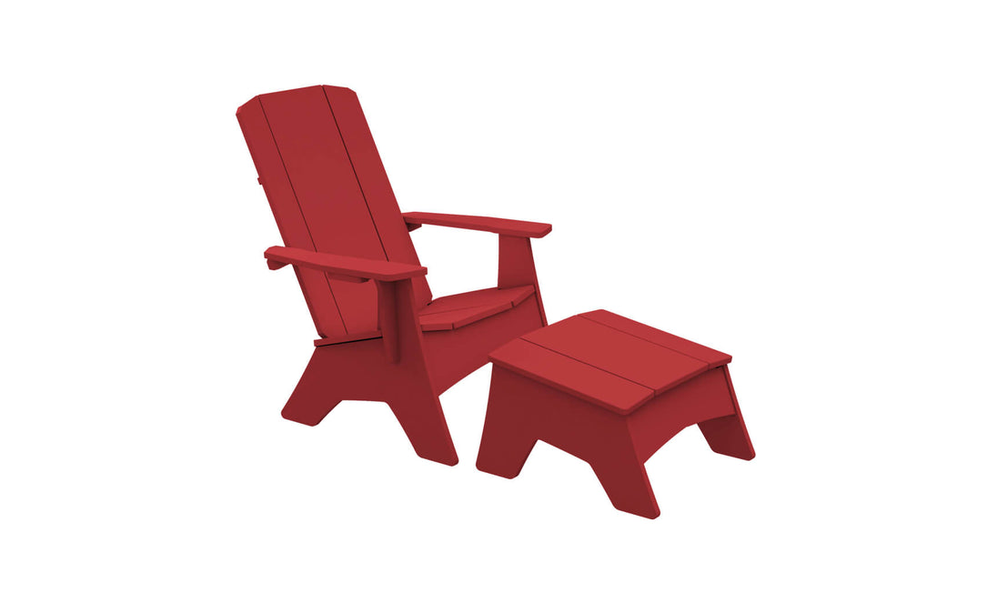 Experience peak patio comfort with the Mainstay Adirondack Ottoman, red and expertly crafted by Ledge Lounger. Its slatted back and wide armrests ensure durable style in any setting.