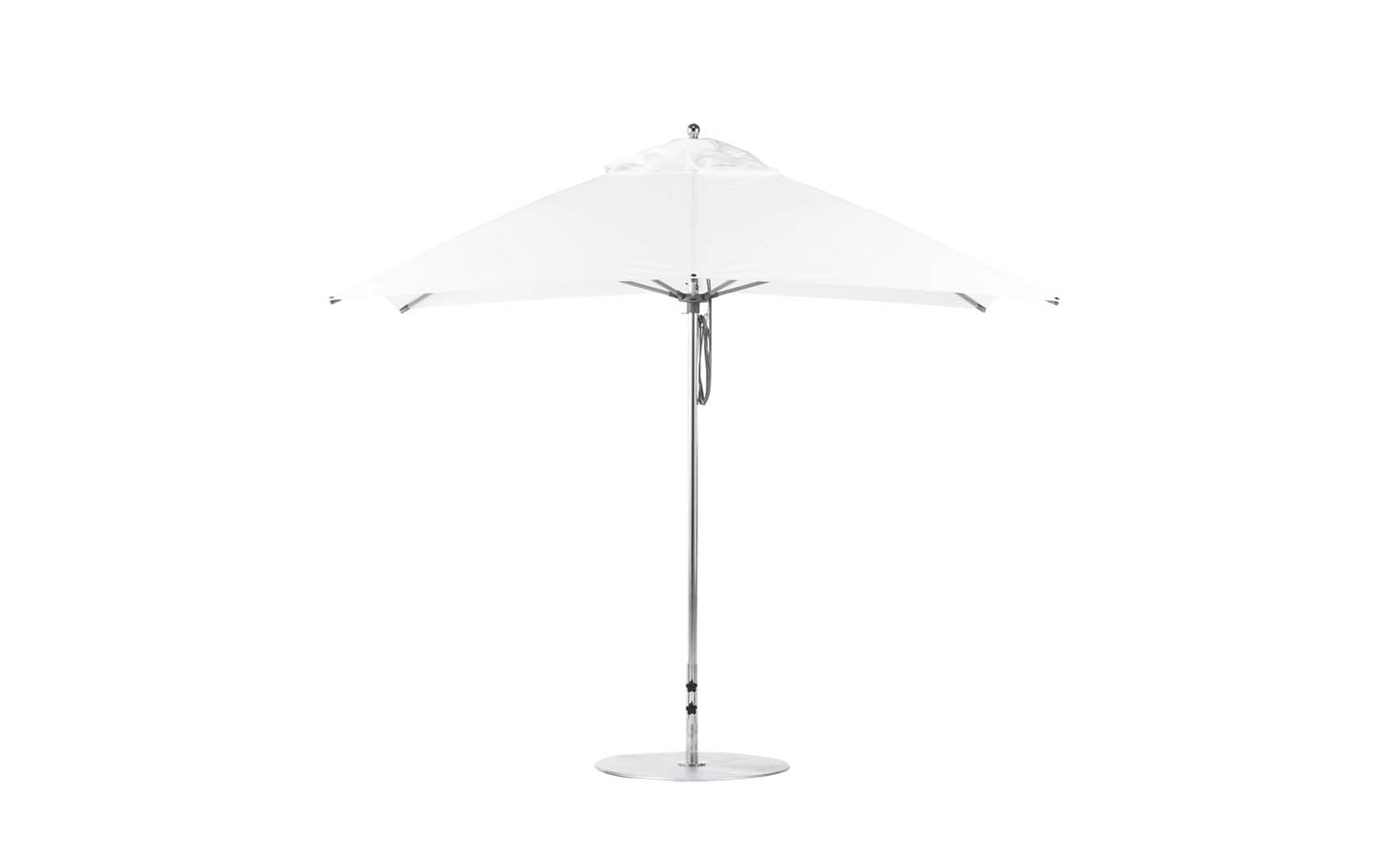 The Ledge Lounger Essential Fiberglass Umbrella - 10 Square Pulley features a sleek, modern design with a metallic pole and round base. Its marine-grade fabric canopy is fully open, offering clean lines and minimalistic elegance for lasting outdoor durability.