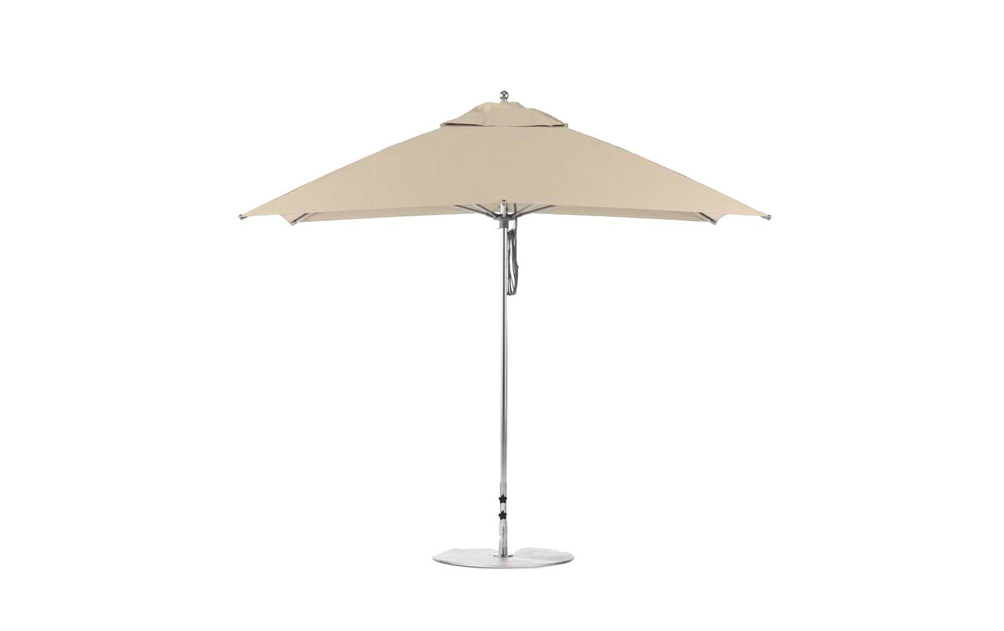 The Ledge Lounger Essential Fiberglass Umbrella, featuring a 10 square canopy made from marine-grade fabrics and a central silver pole, is securely supported by one of the reliable bases on a flat circular foundation.