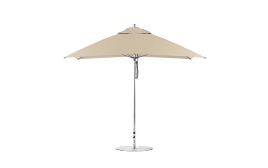 The Ledge Lounger Essential Fiberglass Umbrella, featuring a 10 square canopy made from marine-grade fabrics and a central silver pole, is securely supported by one of the reliable bases on a flat circular foundation.