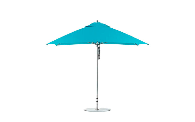 The Essential Fiberglass Umbrella - 10 Square Pulley by Ledge Lounger, in bright turquoise with marine-grade fabrics, a sleek silver pole, and a round durable base, stands open against a plain white background, showcasing its simple modern design.
