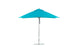 The Essential Fiberglass Umbrella - 10 Square Pulley by Ledge Lounger, in bright turquoise with marine-grade fabrics, a sleek silver pole, and a round durable base, stands open against a plain white background, showcasing its simple modern design.