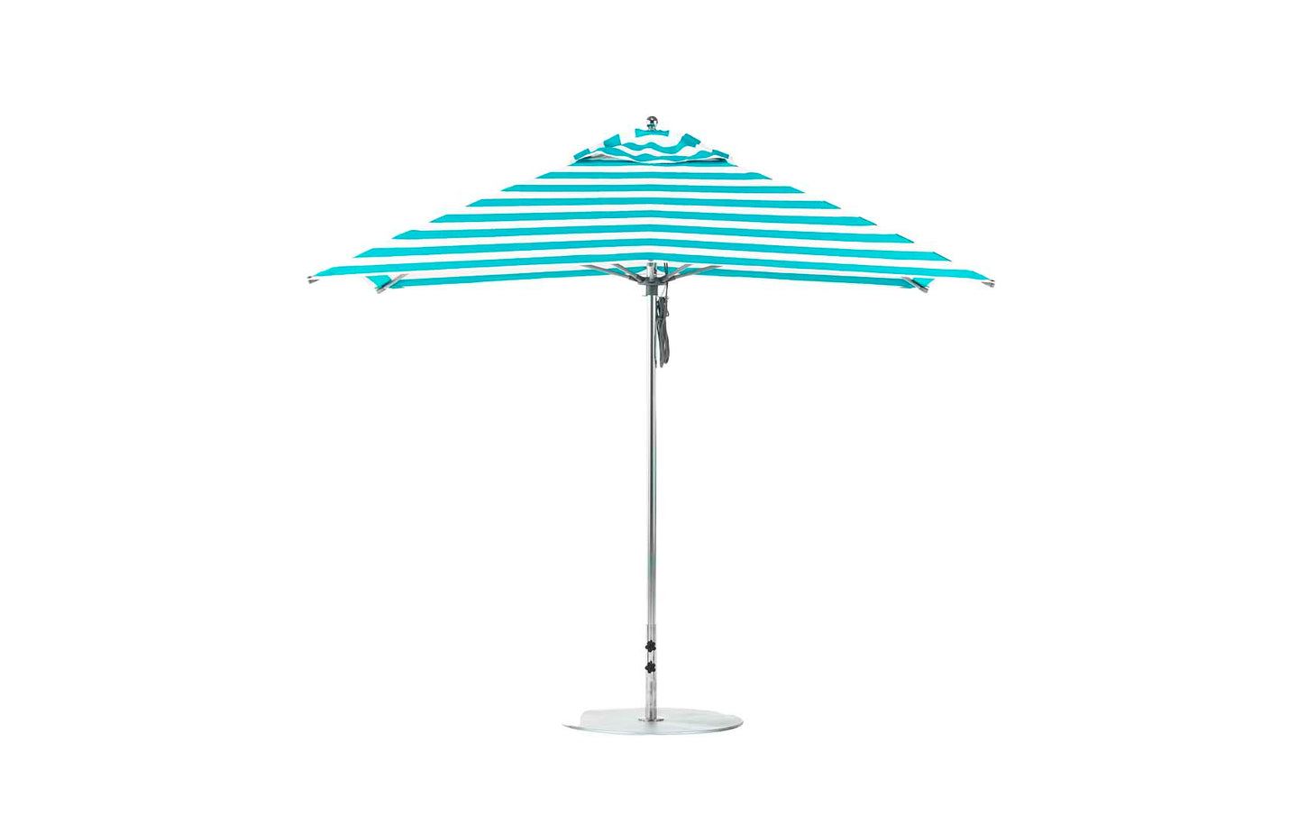 The Ledge Lounger Essential Fiberglass Umbrella - 10 Square Pulley features blue and white stripes standing upright on a sturdy metal stand, crafted with marine-grade fabrics that ensure durability.