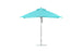 The Ledge Lounger Essential Fiberglass Umbrella - 10 Square Pulley features blue and white stripes standing upright on a sturdy metal stand, crafted with marine-grade fabrics that ensure durability.