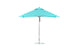The Ledge Lounger Essential Fiberglass Umbrella - 10 Square Pulley features blue and white stripes standing upright on a sturdy metal stand, crafted with marine-grade fabrics that ensure durability.