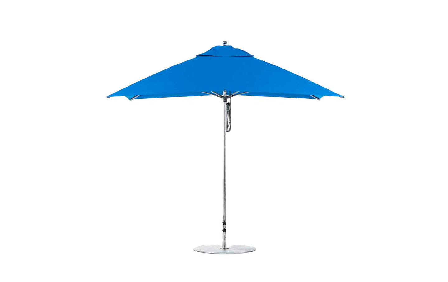 The Ledge Lounger Essential Fiberglass Umbrella - 10 Square Pulley, with a marine-grade fabric canopy in blue and supported by a metal pole, is fully open against a white background.