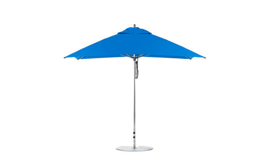 The Ledge Lounger Essential Fiberglass Umbrella - 10 Square Pulley, with a marine-grade fabric canopy in blue and supported by a metal pole, is fully open against a white background.