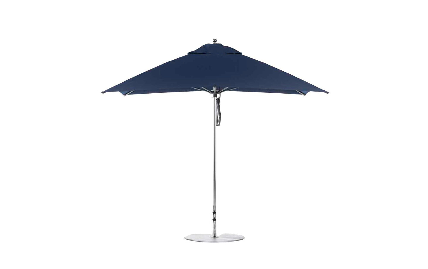 The Essential Fiberglass Umbrella - 10 Square Pulley by Ledge Lounger features marine-grade fabrics with a metal pole and base, ideal for outdoor use. Its symmetrical square shape provides durable shade against sunlight and weather elements.