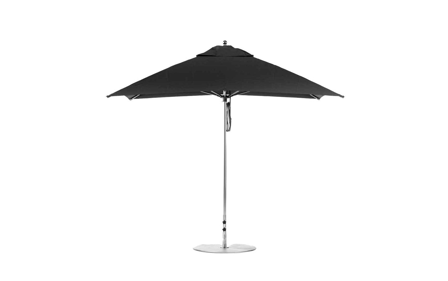 The Essential Fiberglass Umbrella - 10 Square Pulley by Ledge Lounger boasts a marine-grade fabric canopy, metal pole, and round base. Displayed open against a white background, it provides generous shade with its expansive design.