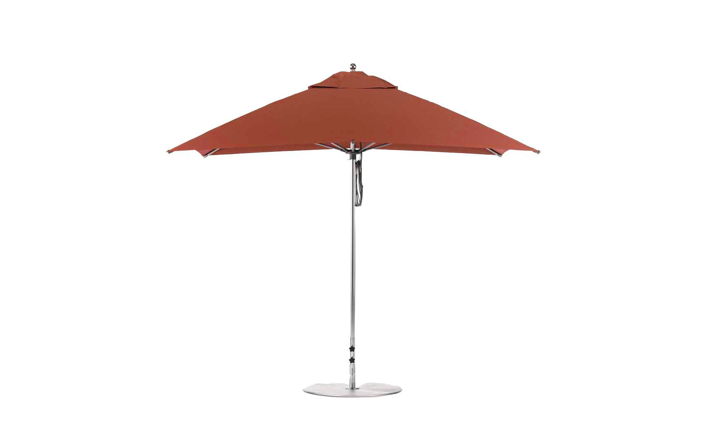 The Essential Fiberglass Umbrella - 10 Square Pulley by Ledge Lounger is shown open and upright against a white background. With its large red canopy, silver metal pole, sturdy base, marine-grade fabrics for durability, and vented top for airflow, its perfect for any patio setting.