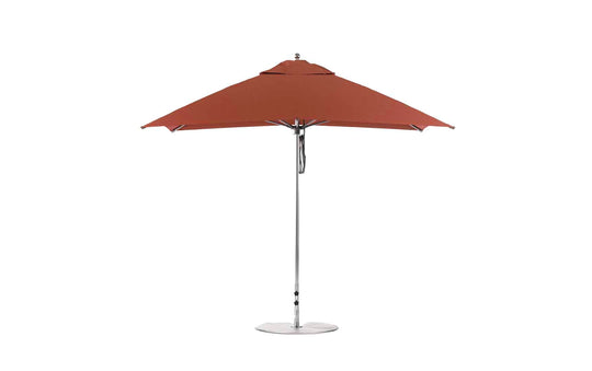 The Essential Fiberglass Umbrella - 10 Square Pulley by Ledge Lounger is shown open and upright against a white background. With its large red canopy, silver metal pole, sturdy base, marine-grade fabrics for durability, and vented top for airflow, its perfect for any patio setting.