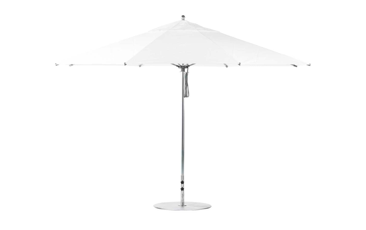 The Ledge Loungers Essential Fiberglass Umbrella features a 13 octagon canopy crafted from marine-grade fabric, paired with a slender silver pole and round base stand. Fully open, its minimalist and sleek design is perfect for patios.
