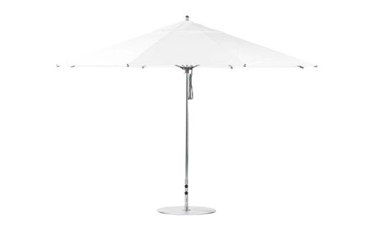The Ledge Loungers Essential Fiberglass Umbrella features a 13 octagon canopy crafted from marine-grade fabric, paired with a slender silver pole and round base stand. Fully open, its minimalist and sleek design is perfect for patios.