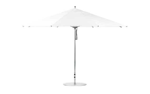 The Ledge Loungers Essential Fiberglass Umbrella features a 13 octagon canopy crafted from marine-grade fabric, paired with a slender silver pole and round base stand. Fully open, its minimalist and sleek design is perfect for patios.