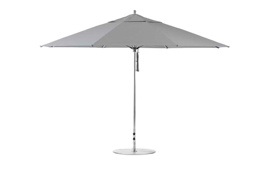 The Essential Fiberglass Umbrella - 13 Octagon Pulley by Ledge Lounger features a marine-grade fabric canopy and a sturdy aluminum pole on a round base, presenting a modern, minimalist design ideal for any patio.