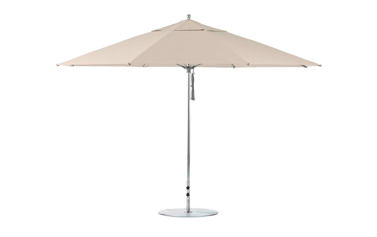 The Ledge Lounger Essential Fiberglass Umbrella features a 13 octagonal canopy in beige, supported by a durable aluminum pole with a flat, round base. Crafted from marine-grade fabrics, its elegant design provides ample shade and stands fully open and upright.