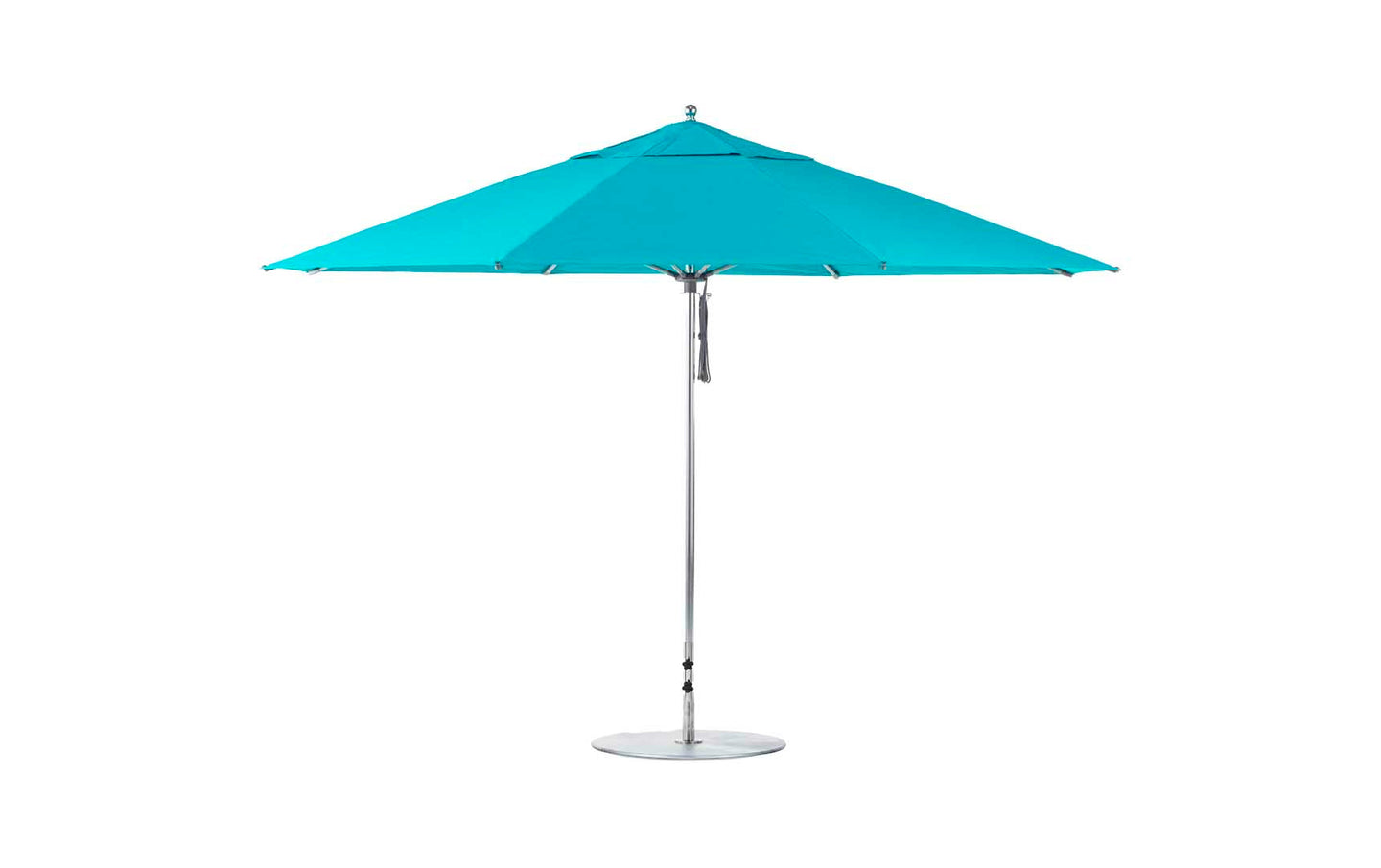 A 13 octagon turquoise umbrella by Ledge Lounger, featuring a durable aluminum pole and round base, fully opened on a white background.