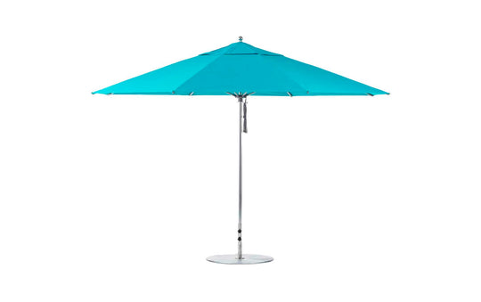 A 13 octagon turquoise umbrella by Ledge Lounger, featuring a durable aluminum pole and round base, fully opened on a white background.