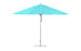 The Ledge Lounger Essential Fiberglass Umbrella, featuring marine-grade fabrics in blue and white stripes, a durable aluminum pole, and a round base, is elegantly showcased against a plain white background.