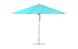 The Ledge Lounger Essential Fiberglass Umbrella, featuring marine-grade fabrics in blue and white stripes, a durable aluminum pole, and a round base, is elegantly showcased against a plain white background.