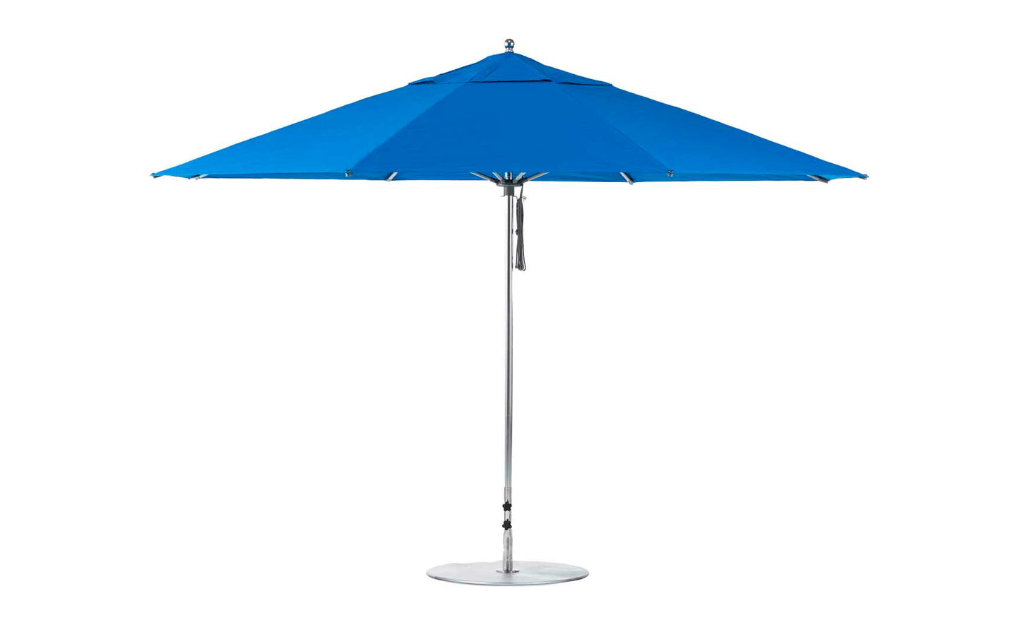 Against a plain white background, the Ledge Lounger Essential Fiberglass Umbrella - 13 Octagon Pulley unfurls its vibrant blue canopy with marine-grade fabrics and a durable aluminum pole and base, highlighting its simple design.