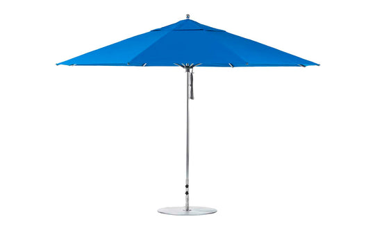 Against a plain white background, the Ledge Lounger Essential Fiberglass Umbrella - 13 Octagon Pulley unfurls its vibrant blue canopy with marine-grade fabrics and a durable aluminum pole and base, highlighting its simple design.