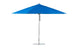 Against a plain white background, the Ledge Lounger Essential Fiberglass Umbrella - 13 Octagon Pulley unfurls its vibrant blue canopy with marine-grade fabrics and a durable aluminum pole and base, highlighting its simple design.
