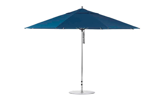 The Essential Fiberglass Umbrella - 13 Octagon Pulley by Ledge Lounger is a blue outdoor patio accessory with an aluminum pole and circular base. Its marine-grade fabric canopy is supported by ribs, offering a classic, elegant shade solution.