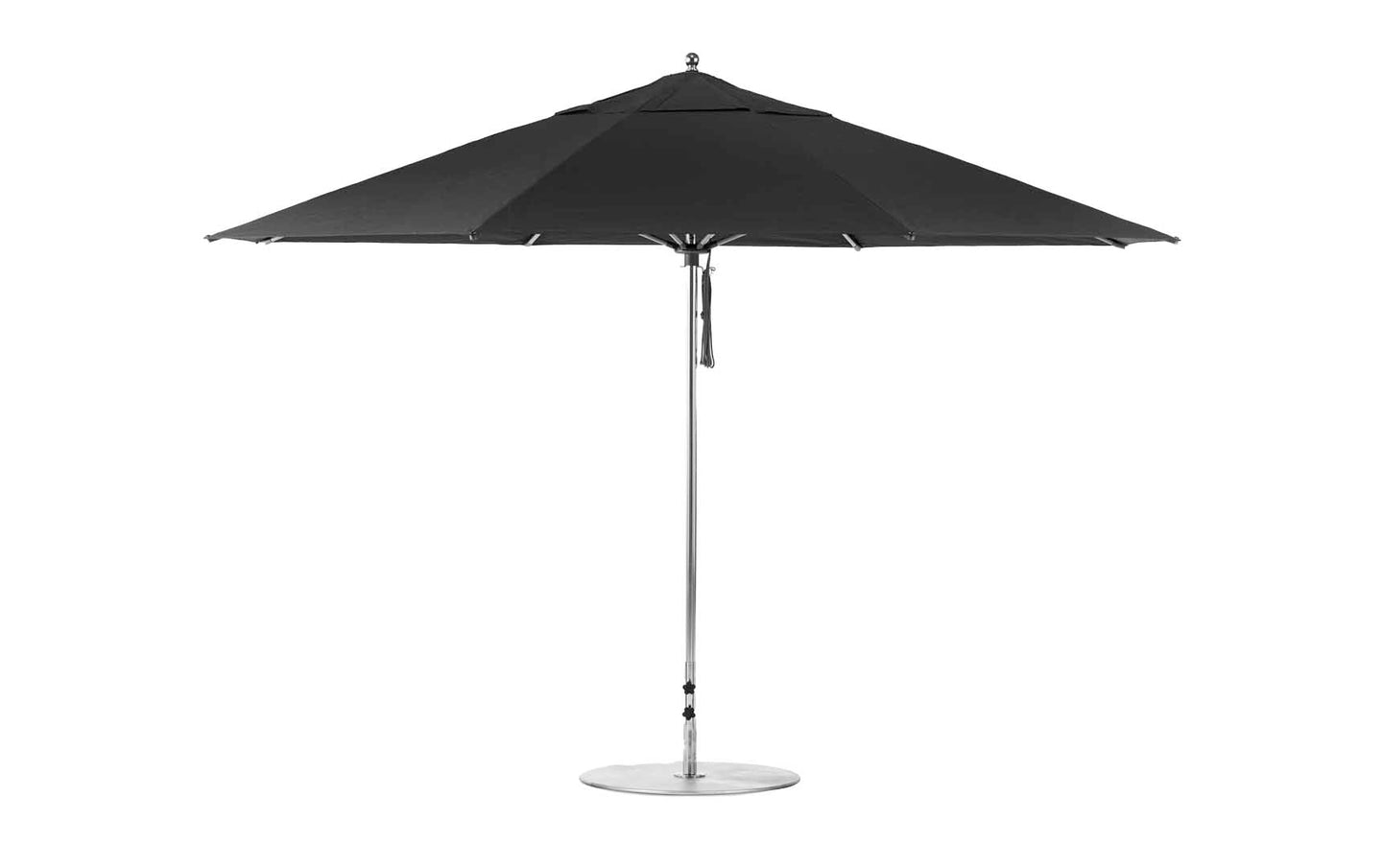The Ledge Lounger Essential Fiberglass Umbrella features a 13 octagon canopy with marine-grade fabric on a sleek aluminum pole. Its smooth, durable design and circular base provide optimal shade and resilience against the elements.