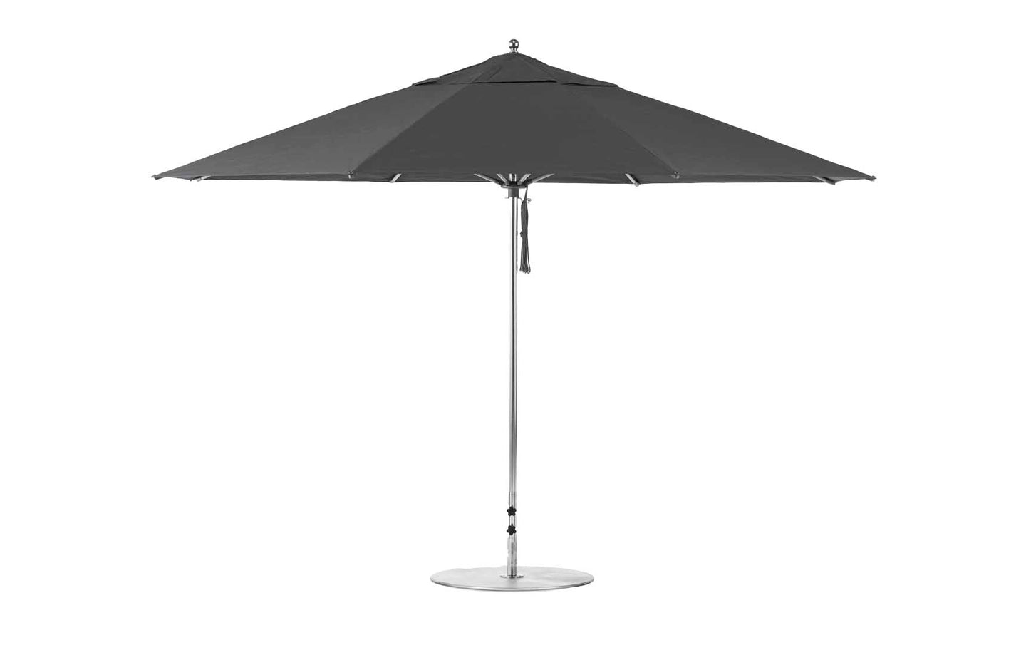 The Essential Fiberglass Umbrella - 13 Octagon Pulley by Ledge Lounger includes a marine-grade dark canopy and a slim aluminum pole. It has a stable, round base and features a wide, circular covering when open.