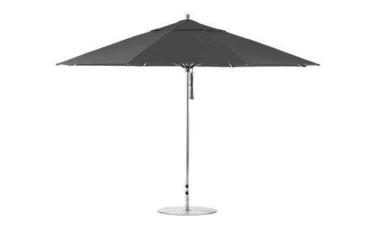 The Essential Fiberglass Umbrella - 13 Octagon Pulley by Ledge Lounger includes a marine-grade dark canopy and a slim aluminum pole. It has a stable, round base and features a wide, circular covering when open.