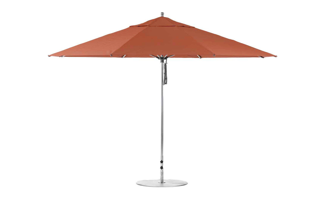 The Ledge Lounger Essential Fiberglass Umbrella features a 13 octagon marine-grade orange canopy with a durable aluminum pole and round base, offering a simple, modern design thats fully extended to provide ample shade in any weather.