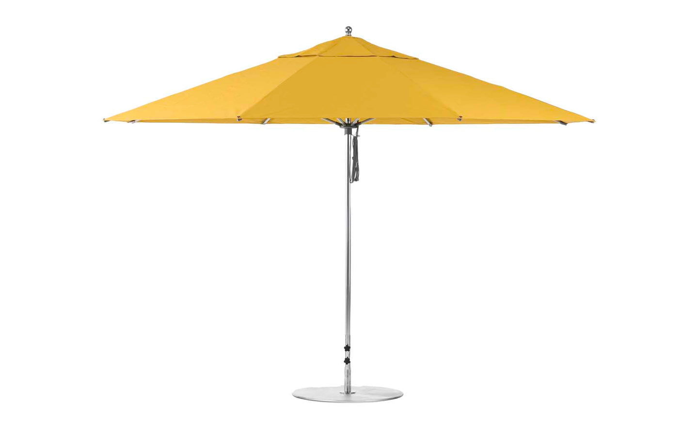 A large outdoor umbrella with a round base and durable aluminum pole, the 13 octagon Essential Fiberglass Umbrella by Ledge Lounger is fully open.