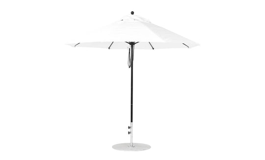 The Essential Fiberglass Umbrella - 9 Octagon Pulley from Ledge Lounger features a sleek silver pole, a rounded base, and marine-grade fabrics. It offers a classic octagonal shape for outdoor use, blending simple and modern design for reliable shade.