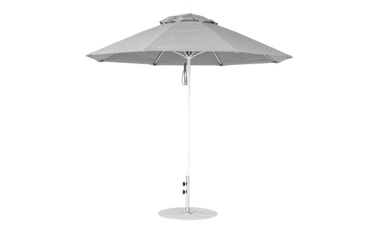 A gray Essential Fiberglass Umbrella by Ledge Lounger features a 9 octagon canopy on a circular base. Open with marine-grade fabric, its supported by a thin, durable pole.