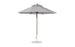 A 9 octagon Essential Fiberglass Umbrella by Ledge Lounger, featuring a large grey canopy of marine-grade fabric, fully opened with a wooden pole and circular metallic base for stability, perfect for outdoor shading.