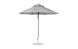 A 9 octagon Essential Fiberglass Umbrella by Ledge Lounger, featuring a large grey canopy of marine-grade fabric, fully opened with a wooden pole and circular metallic base for stability, perfect for outdoor shading.