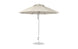 The Ledge Lounger Essential Fiberglass Umbrella features a beige canopy, sturdy aluminum pole with adjustable height, marine-grade fabrics for durability, and a round base for stability on flat surfaces.