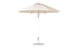 A 9 Octagon Pulley Essential Fiberglass Umbrella by Ledge Lounger stands upright on a round metal base. Its beige, marine-grade fabric canopy is supported by sturdy metal ribs, ensuring durability against the elements.