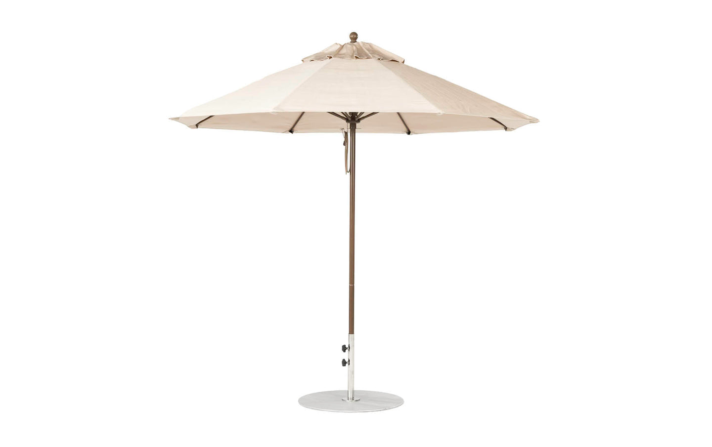 A 9 beige Essential Fiberglass Umbrella with a sturdy metal pole and base stands against a plain white background. Open, it reveals radial ribs and a central finial, crafted by Ledge Lounger using marine-grade fabrics for lasting durability.