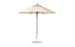 A 9 beige Essential Fiberglass Umbrella with a sturdy metal pole and base stands against a plain white background. Open, it reveals radial ribs and a central finial, crafted by Ledge Lounger using marine-grade fabrics for lasting durability.